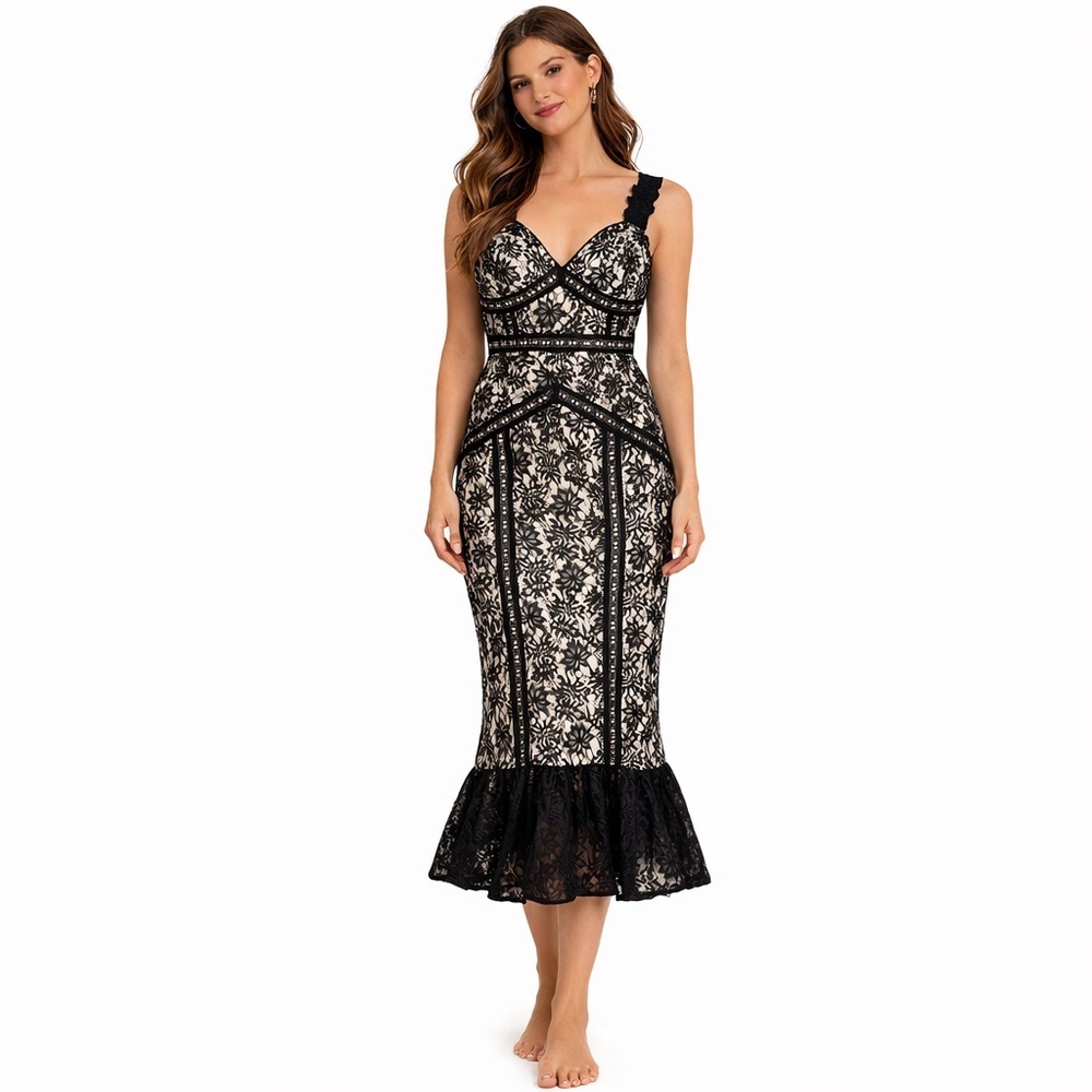 Venus black lace detail overlay dress